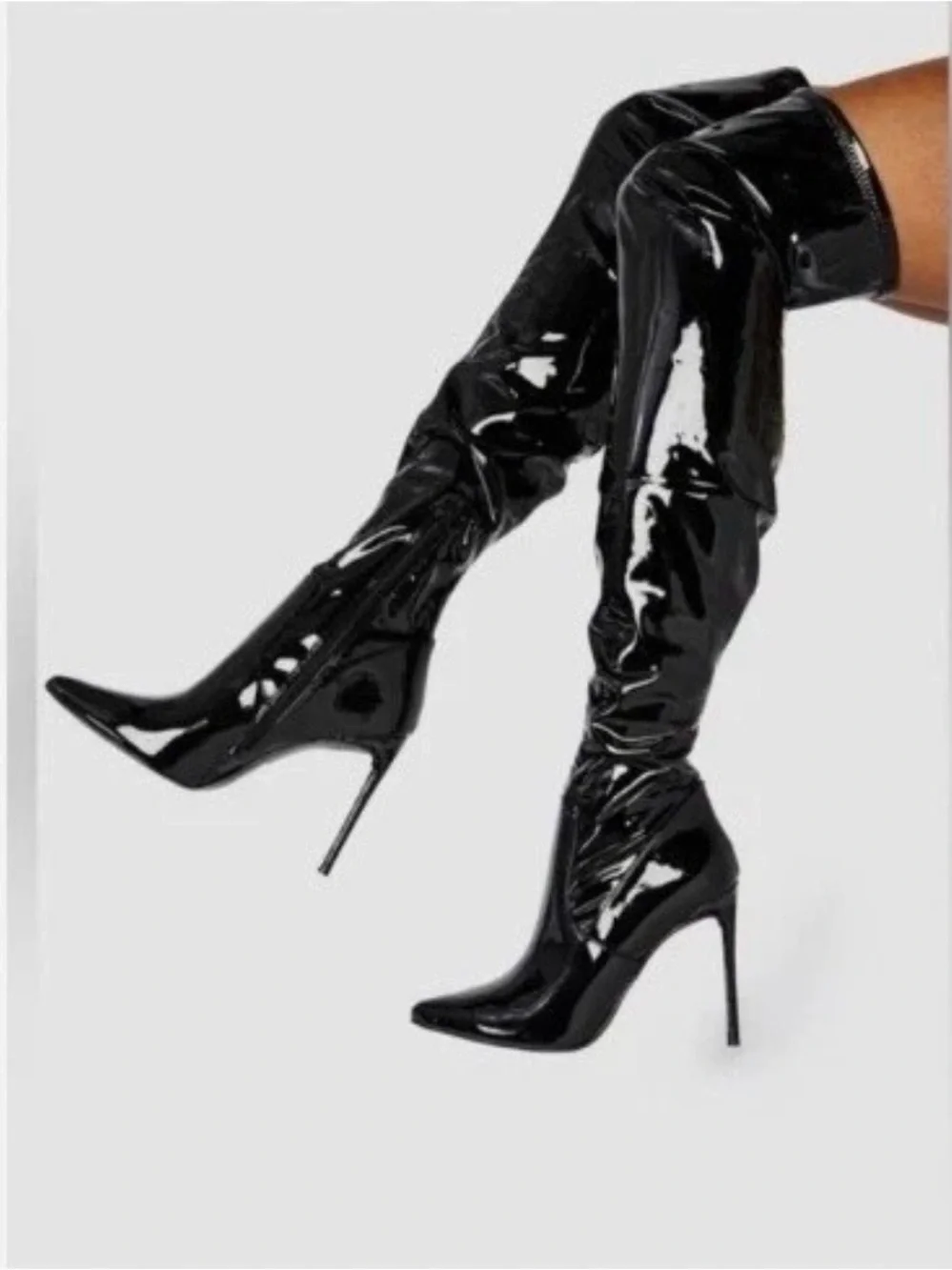 Steve Madden Viktory Patent Faux Leather Thigh High Stiletto Boots Toe Over Knee